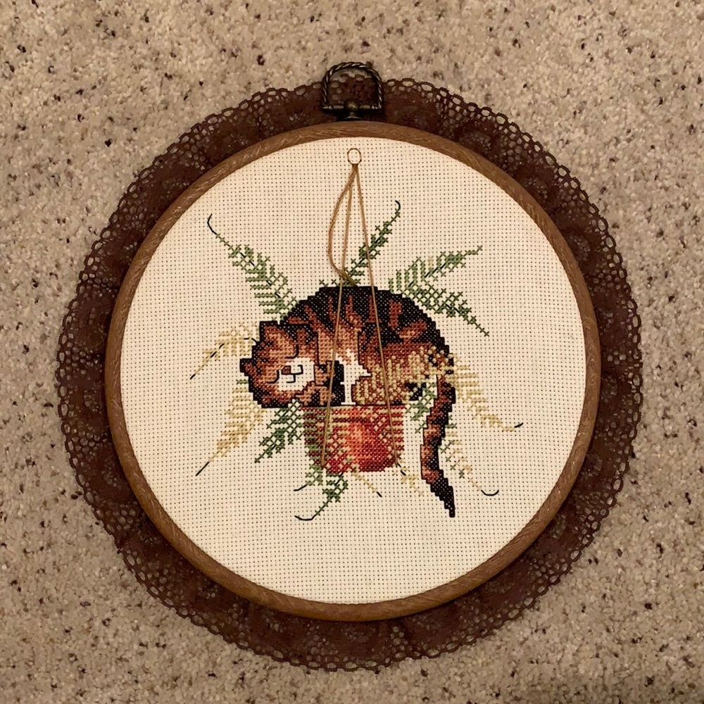 vintage cat planter needlepoint wall art